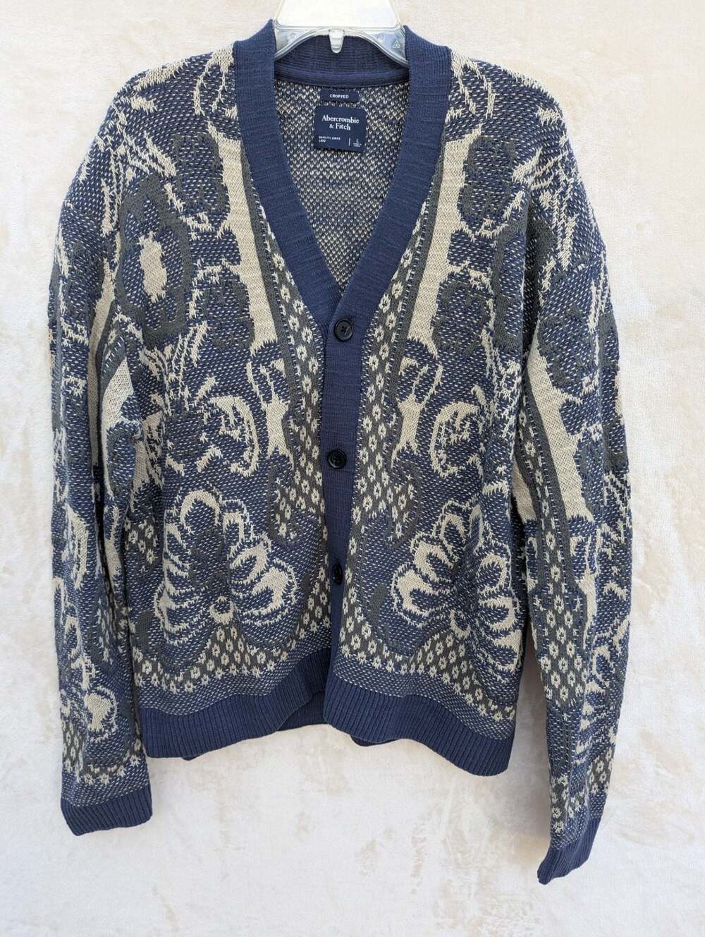 Abercrombie & Fitch Cropped Floral Pattern Knit Cardigan Blue Size L